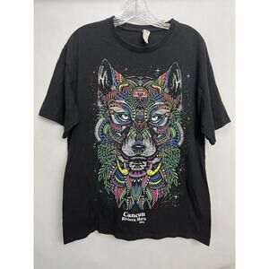 Cancun Mexico T-Shirt X-Large Black Colorful Graphic Wolf Tribal